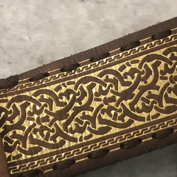 Genuine Tooled Leather Belt Womens Small Brown Gold Embossed Celtic Brass Buckle
